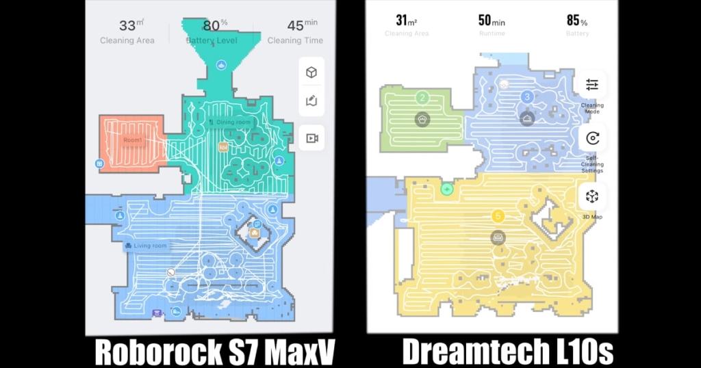 Cleaning Pattern and Map View - S7 MaxV Ultra vs Dreametech L10s Ultra