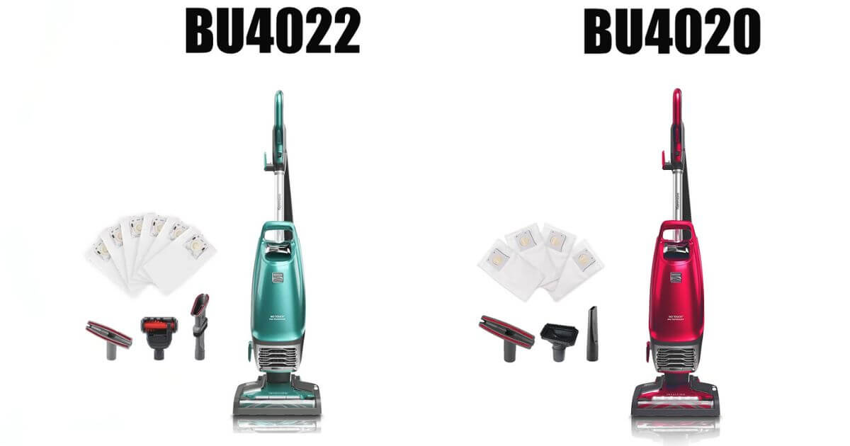 Side-by-side image comparison of Kenmore Intuition BU4022 (teal) and BU4020 (red) with included accessories and HEPA bags.