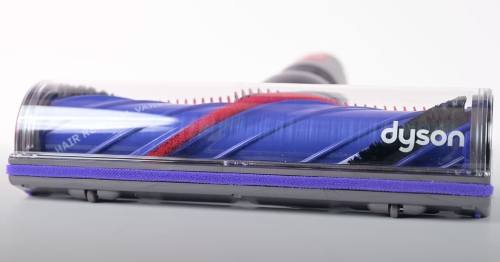 The Dyson V8s Motorbar cleaning head with hair detangling technology