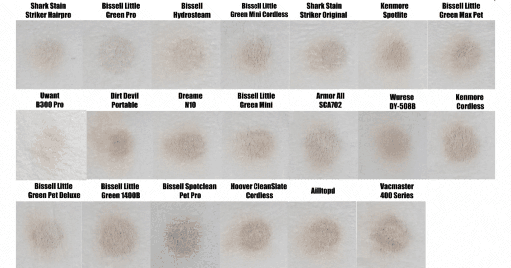 Comparison of final stain test results from all portable carpet cleaners evaluated by Vacuum Wars, including Shark StainStriker HairPro, Bissell Little Green Pro, Bissell HydroSteam, Kenmore Spotlite, Uwant B300 Pro, and others, showing minimal visible differences in stain removal performance across models.