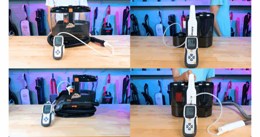 Vacuum Wars measuring suction power in two locations on a portable carpet cleaner using both a digital and analog manometer to record inches of water lift.