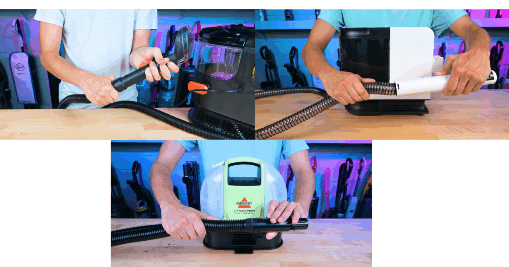 Vacuum Wars demonstrating swivel handle capabilities on a portable carpet cleaner, showing how the swivel joint prevents the hose from twisting while scrubbing.