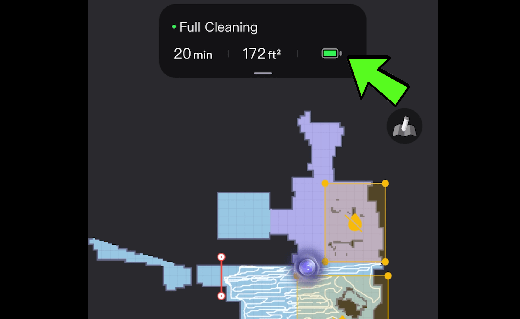 A screenshot from the Eureka E10S robot vacuum's app shows a detailed map of an area with a indication of the battery level