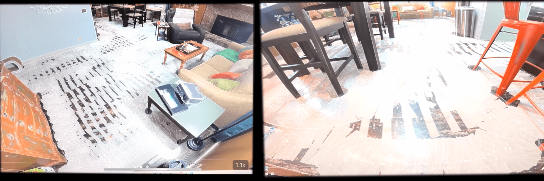 Two panoramic views from the Eureka E10S robot vacuum's app show an overlay of the vacuum's navigational path through a well-furnished room.