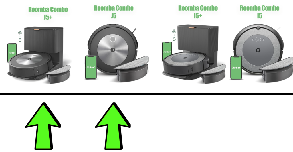A comparison chart displaying the Roomba Combo j5 and i5 lines. 