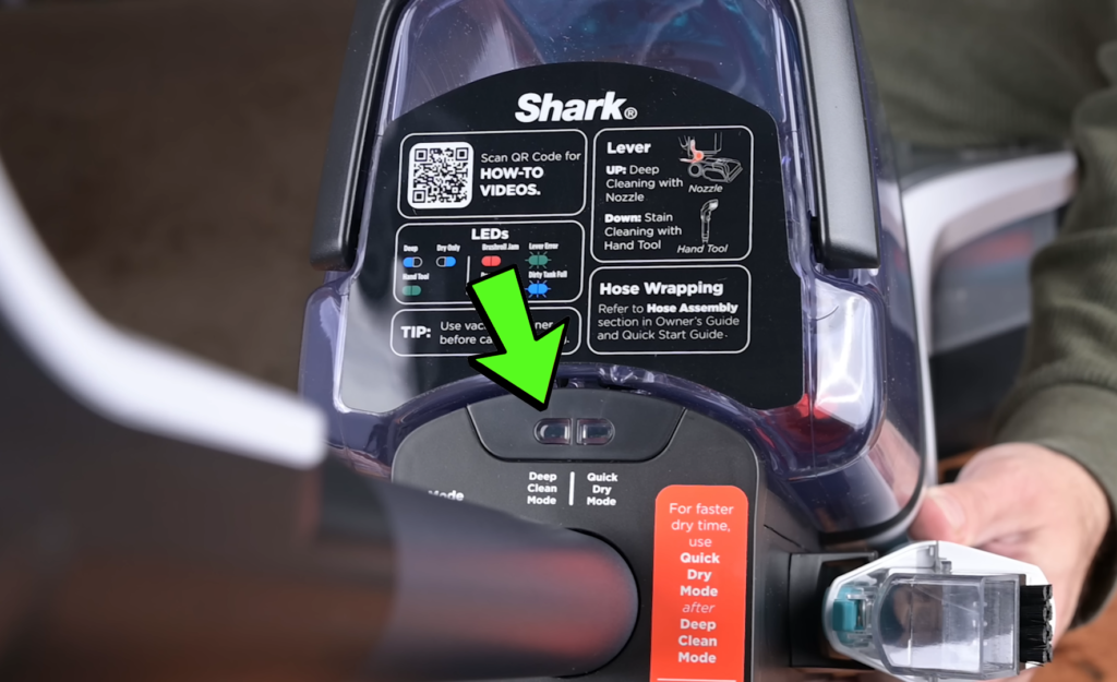 Close-up view of the Shark CarpetXpert EX201's control panel.