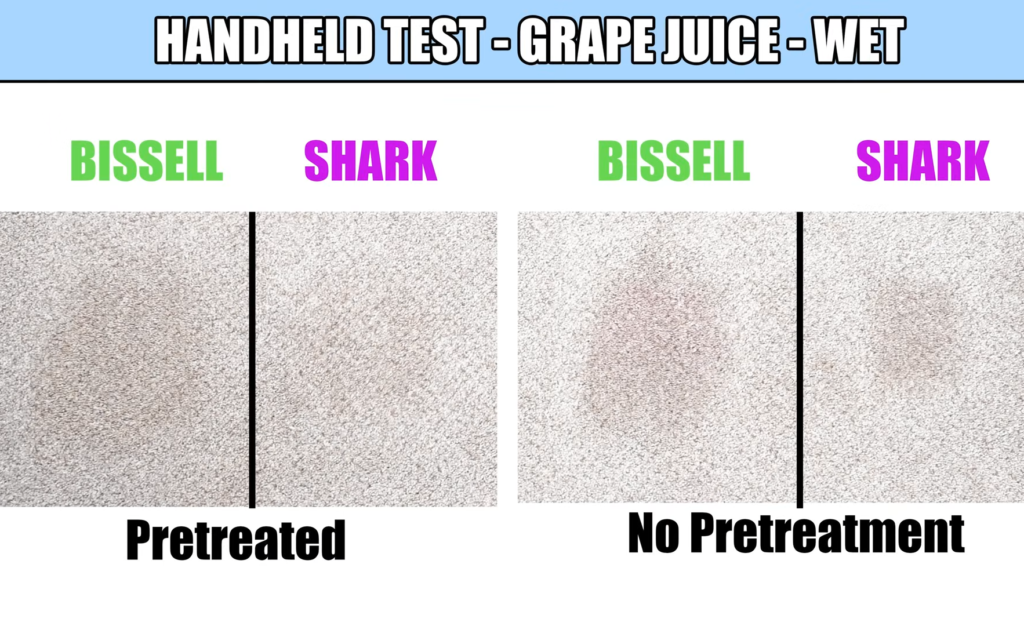 Before and after images of carpet cleaning performance tests comparing the Shark CarpetXpert EX201 and Bissell.