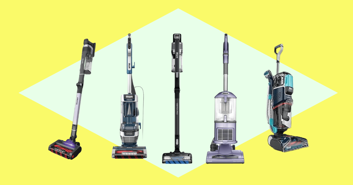 A Lineup of five Shark brand vacuum cleaners.