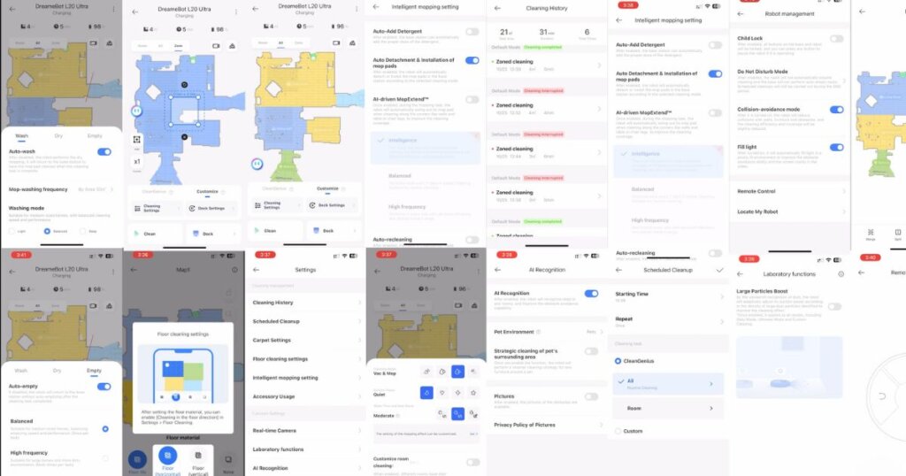 Screenshots from the Dreame app showing various robot vacuum settings, cleaning maps, and customization options.
