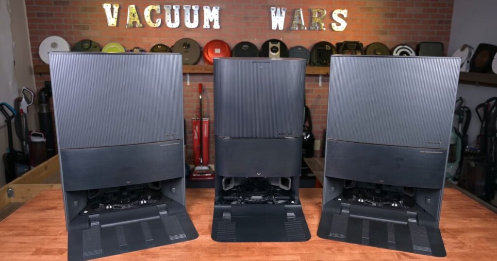 Front view of Dreame docking stations for L20 Ultra, L30 Ultra, and X30 Ultra, side by side on a table.
