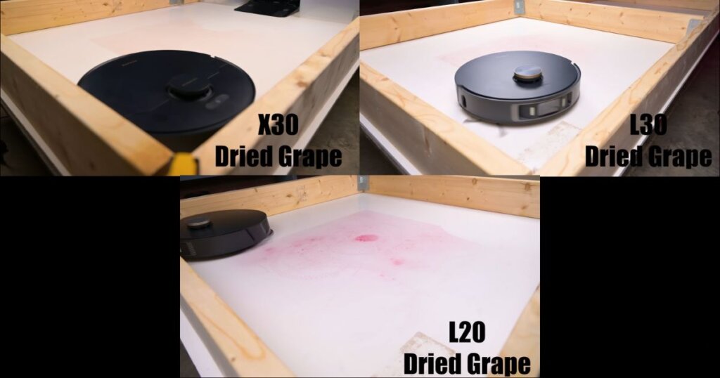 Mop cleaning evaluation in progress on dried grape juice stains: X30, L30, and L20.