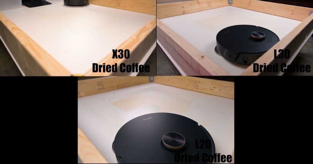 Mopping test with dried coffee stains comparing Dreame X30, L30, and L20 Ultra robot vacuums. 