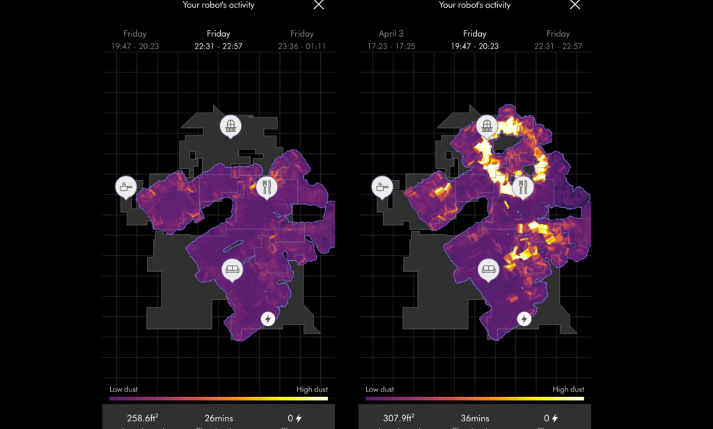 Screenshot of the Dyson 360 Vis Nav app showing a heat map of the robot vacuum's activity.