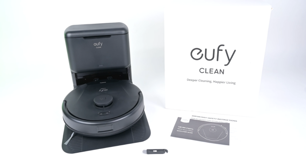 Eufy L60 Robot Vacuum with auto-empty station and product literature emphasizing 'Deeper Cleaning, Happier Living.