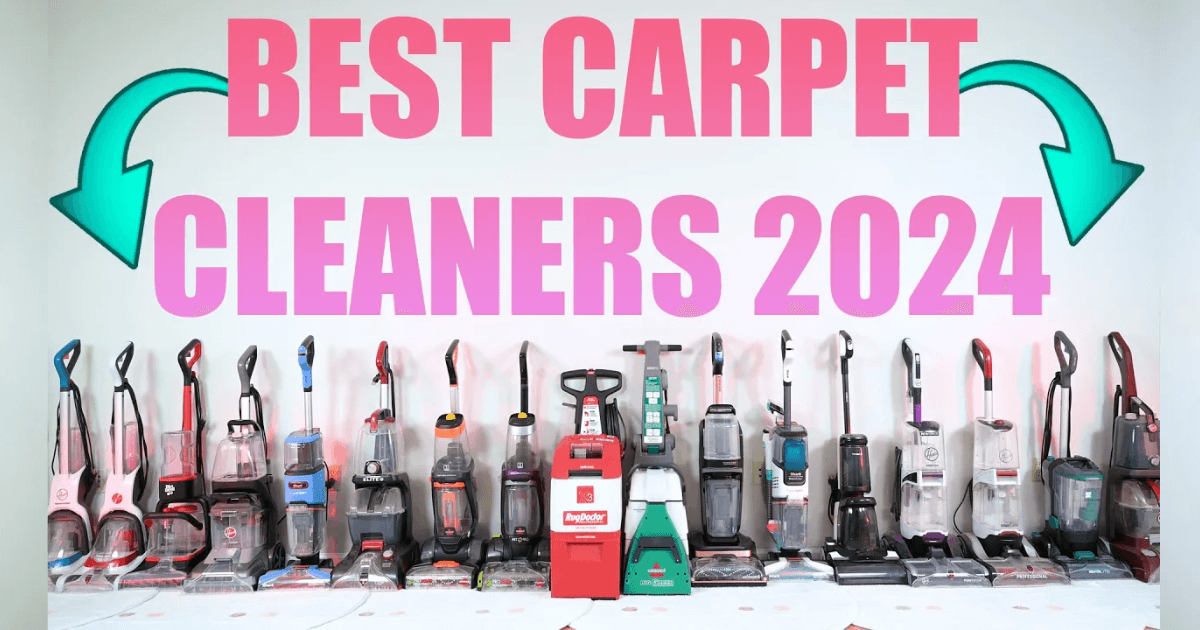 A lineup of over 20 different carpet cleaners arranged in a row against a white background, with large pink text above them reading "Best Carpet Cleaners 2024" and green arrows pointing towards the text.
