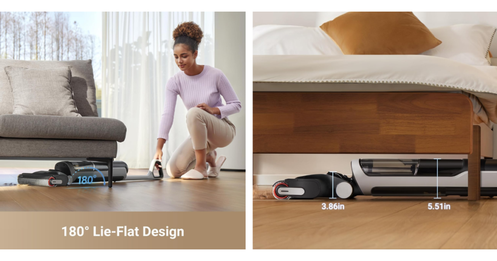 Dreame H14's lie-flat design reaches under furniture.