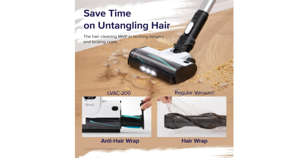 Promotional comparison graphic for the Levoit LVAC-200 showing its anti-hair wrap technology versus a regular vacuum. The LVAC-200 cleans a floor with hair and crumbs without hair tangling around the brush, while the regular vacuum shows a tangled brush.