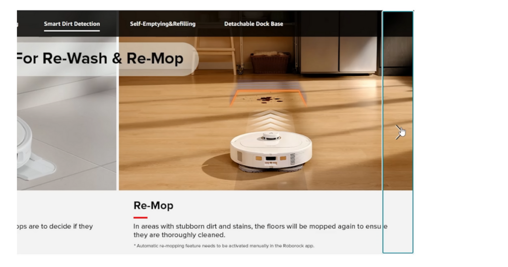 Roborock Q Revo MaxV robot vacuum remopping a spot on a hardwood floor, demonstrating its smart dirt detection and automatic remopping feature.
