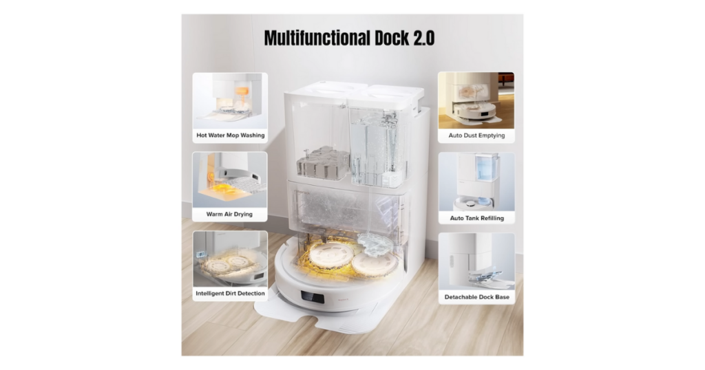 Roborock Q Revo MaxV Multifunctional Dock 2.0 with highlighted features including hot water mop washing, auto dust emptying, warm air drying, auto tank refilling, intelligent dirt detection, and detachable dock base.