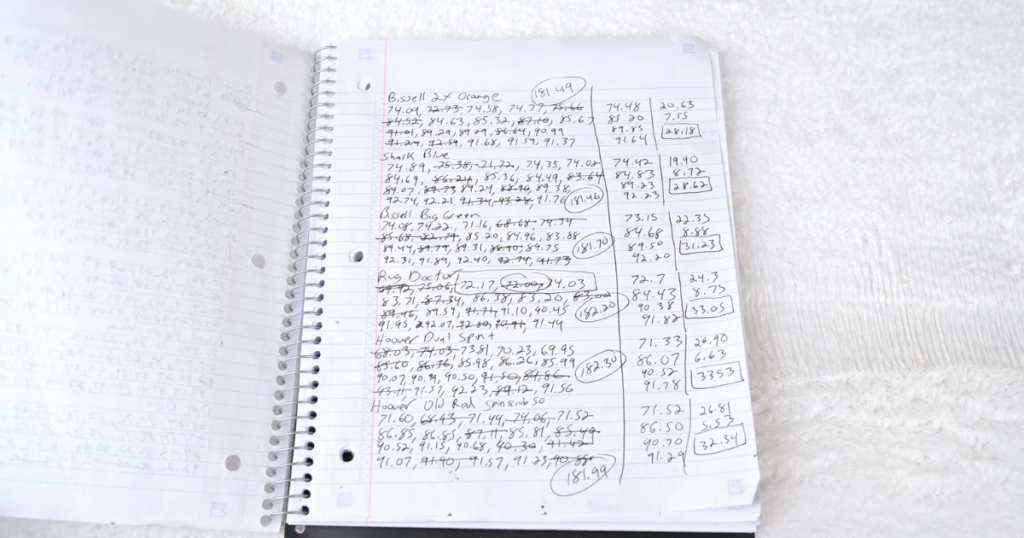 A notebook displaying over 400 precise measurements for stain perceptual lightness, written in detailed rows and columns.