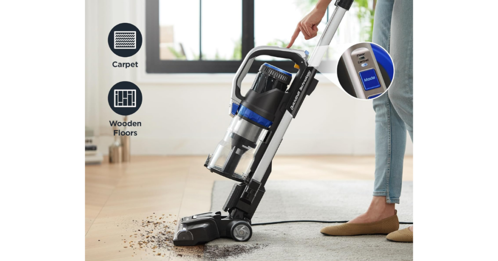 The Eureka OmniVerse Upright Vacuum Cleaner on both hard floor and carpet.