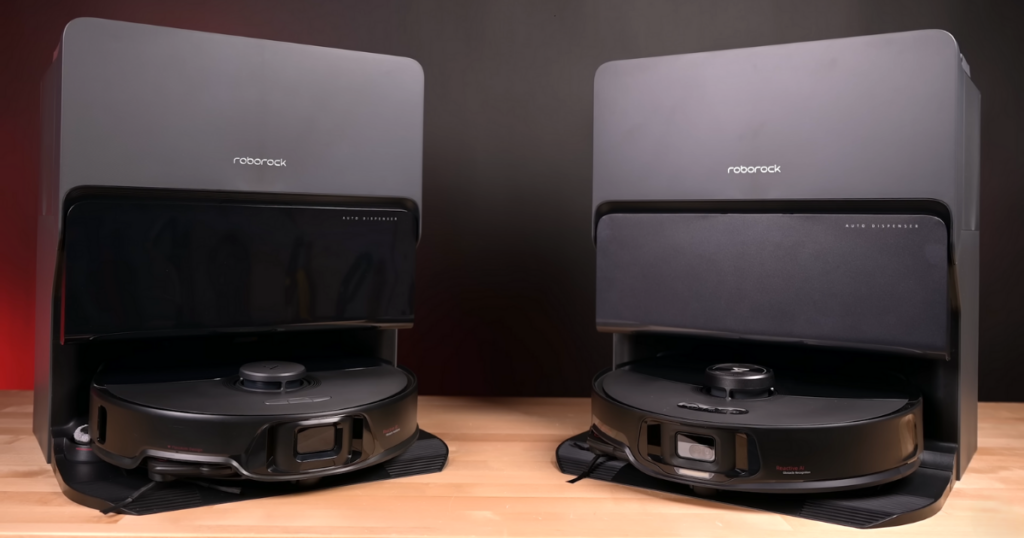 Two Roborock robot vacuum models, the S8 Max Ultra and S8 MaxV Ultra, displayed in their docking stations.