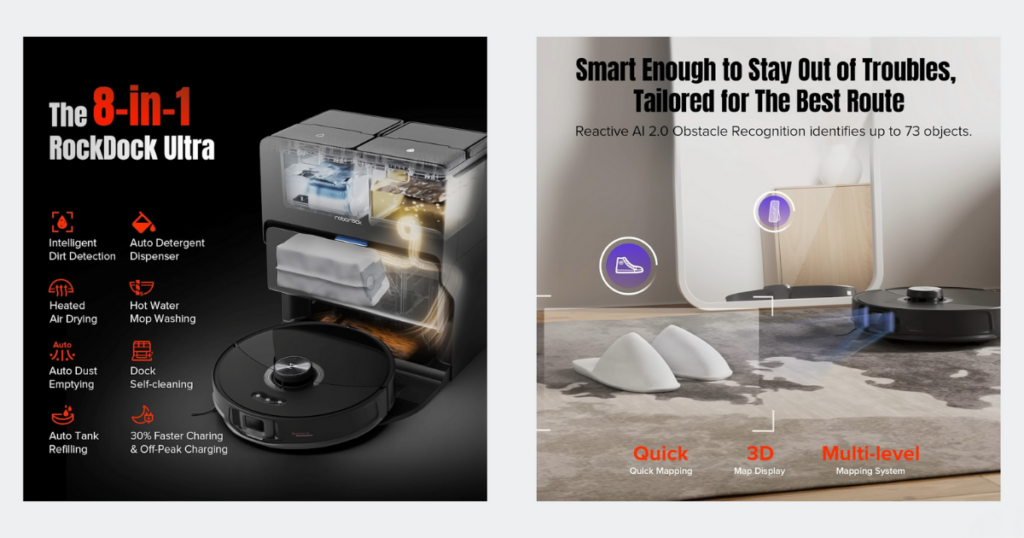 Two promotional images for Roborock vacuums. The first image showcases the features of the 8-in-1 RockDock Ultra, including intelligent dirt detection, auto detergent dispenser, heated air drying, hot water mop washing, auto dust emptying, dock self-cleaning, auto tank refilling, and 30% faster charging. The second image highlights the Reactive AI 2.0 obstacle recognition, which identifies up to 73 objects, and emphasizes quick mapping, 3D map display, and multi-level mapping system.