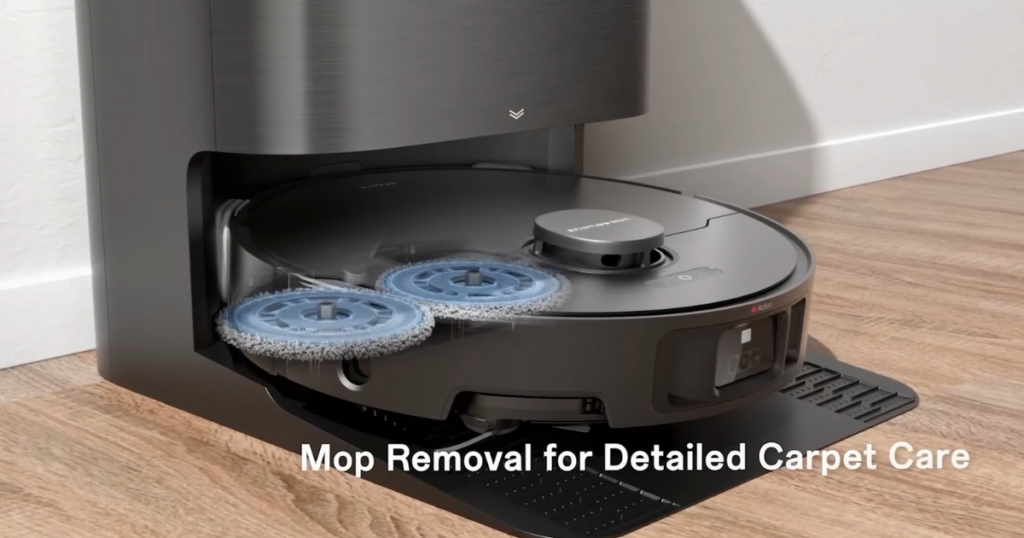 Dreame X40 Ultra robot vacuum in its base station, showing the feature for detailed carpet care.