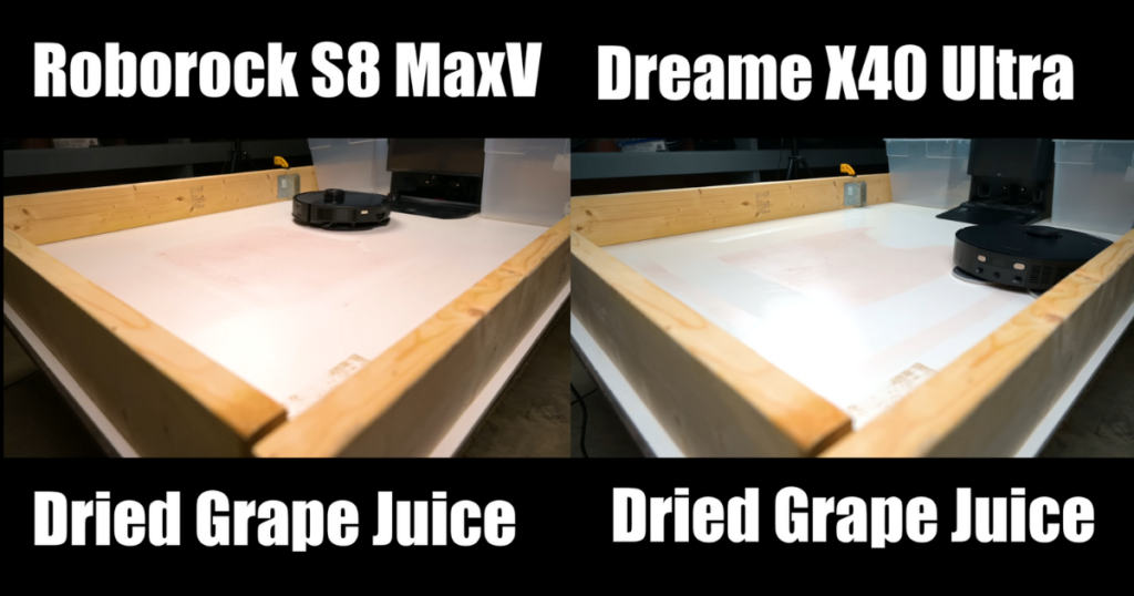 Side-by-side comparison of the Roborock S8 MaxV and Dreame X40 Ultra cleaning dried grape juice from a white surface, showing the performance of each robot vacuum.