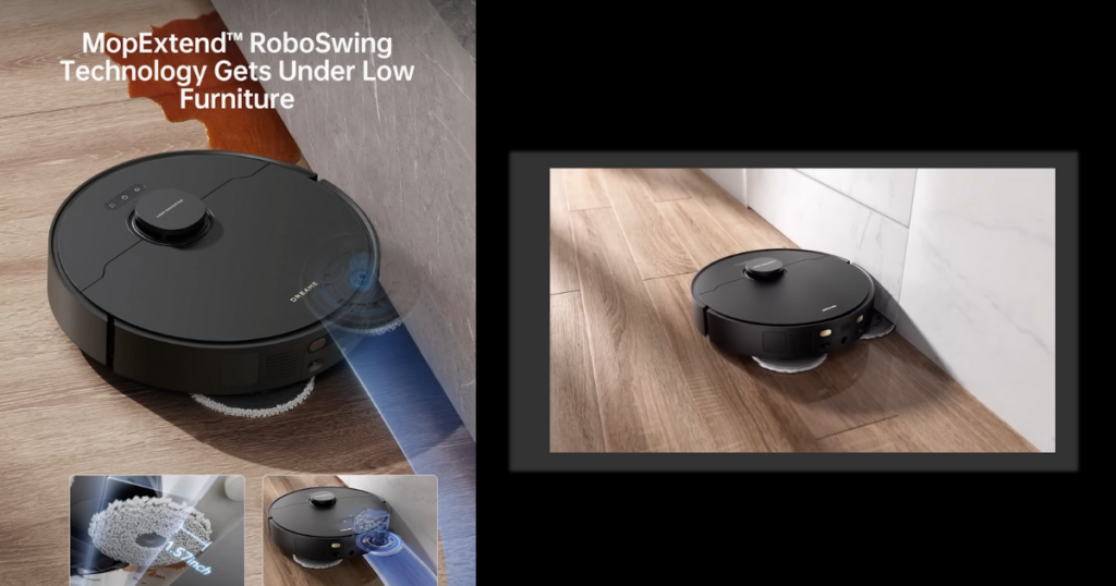 Dreame X40 Ultra robot vacuum using MopExtend RoboSwing technology to clean under low furniture