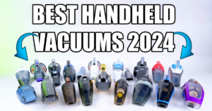 A lineup of various handheld vacuum models with the text 'Best Handheld Vacuums 2024' displayed prominently above them. Two blue arrows point to the vacuums.