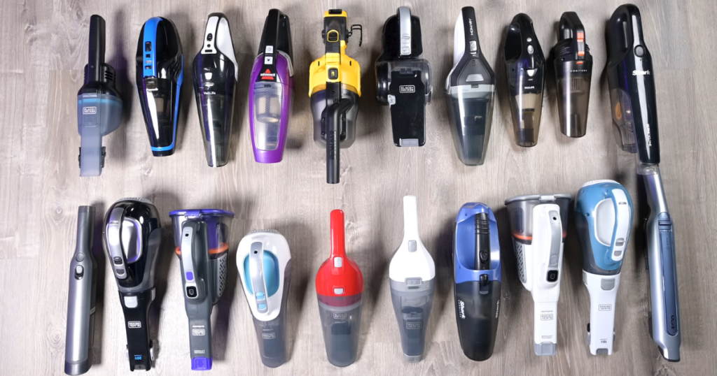Handheld vacuums lined up at the Vacuum Wars studio