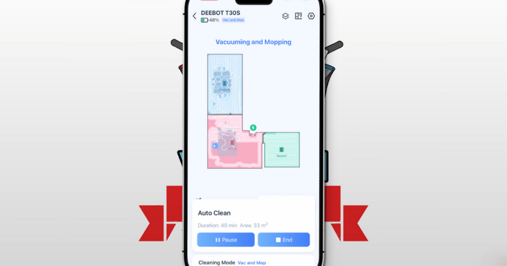 A smartphone screen displaying the Ecovacs Deebot T30S app interface, showing a floor plan with vacuuming and mopping progress, and options for auto clean.