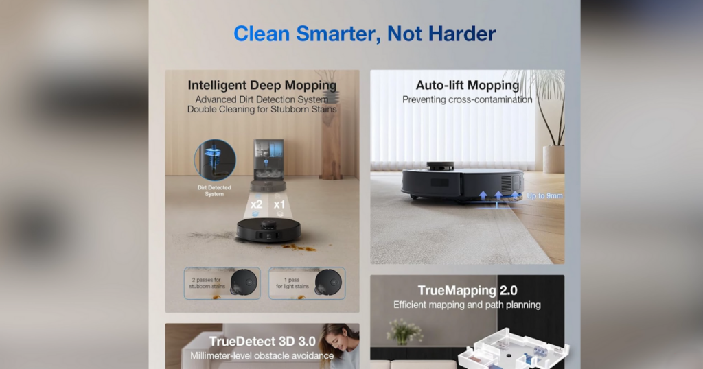 Promotional graphic for the Ecovacs Deebot T30S featuring its key features: Intelligent Deep Mopping, Auto-lift Mopping, TrueMapping 2.0, and TrueDetect 3D 3.0, with images demonstrating each feature.