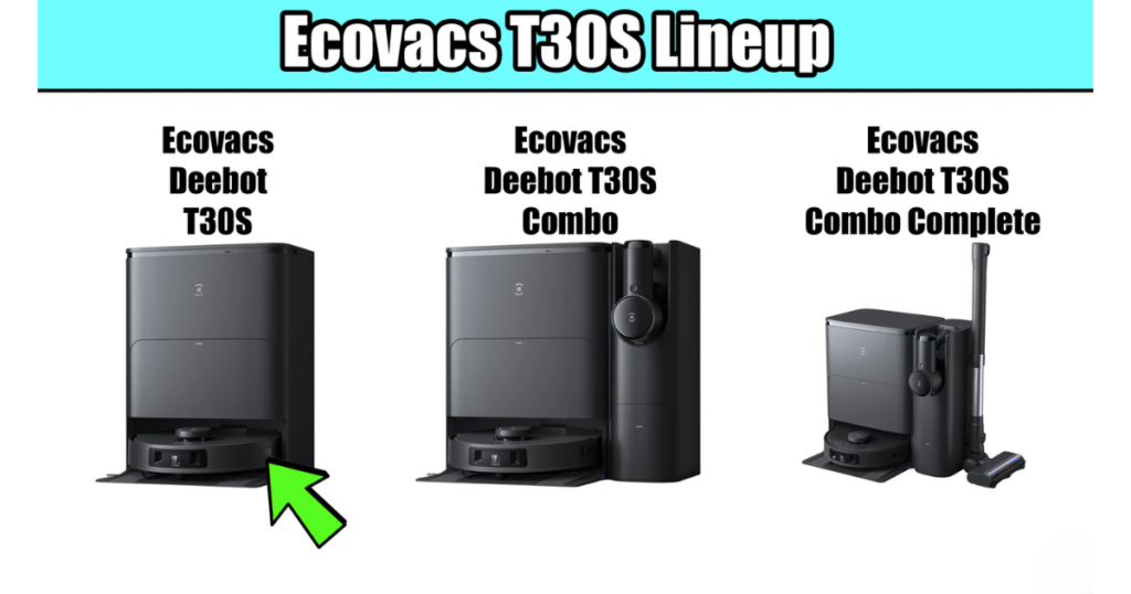 Ecovacs T30S lineup showcasing three models: T30S Black, T30S Combo, and T30S Combo Complete, set against a white background.