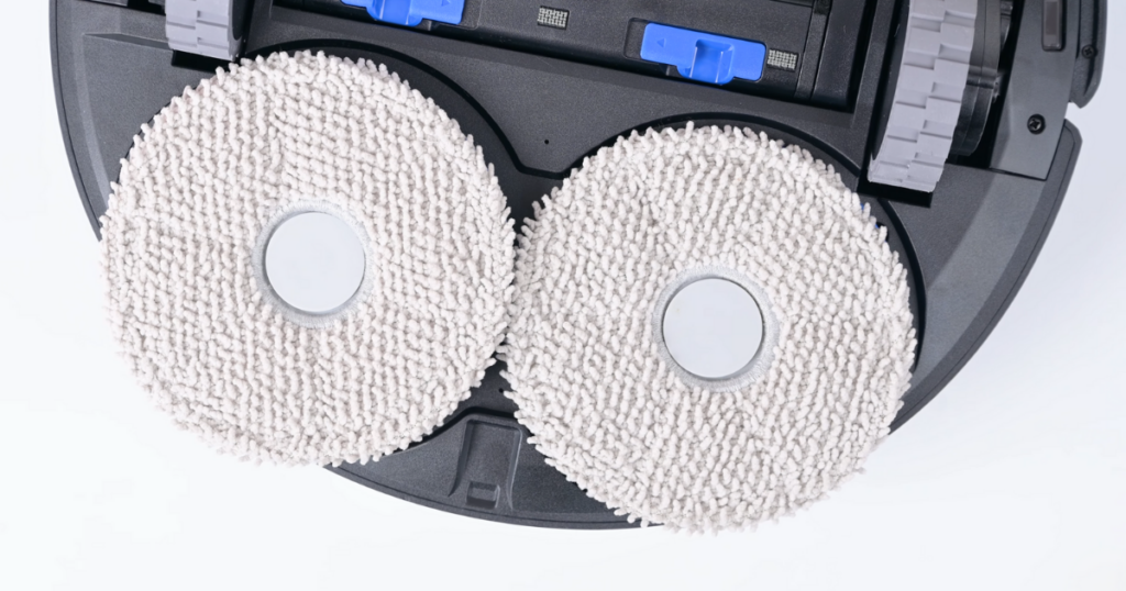 Underside view of the Deebot T30S robot vacuum mop combo, focusing on the two round mopping pads.