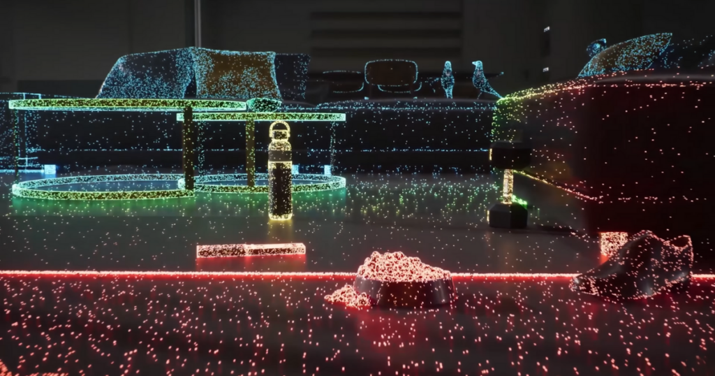 Visualization of the Eufy S1 Pro Omni's obstacle avoidance system using a point cloud representation, showing various objects like furniture, a water bottle, pet bowls, and shoes in a room.