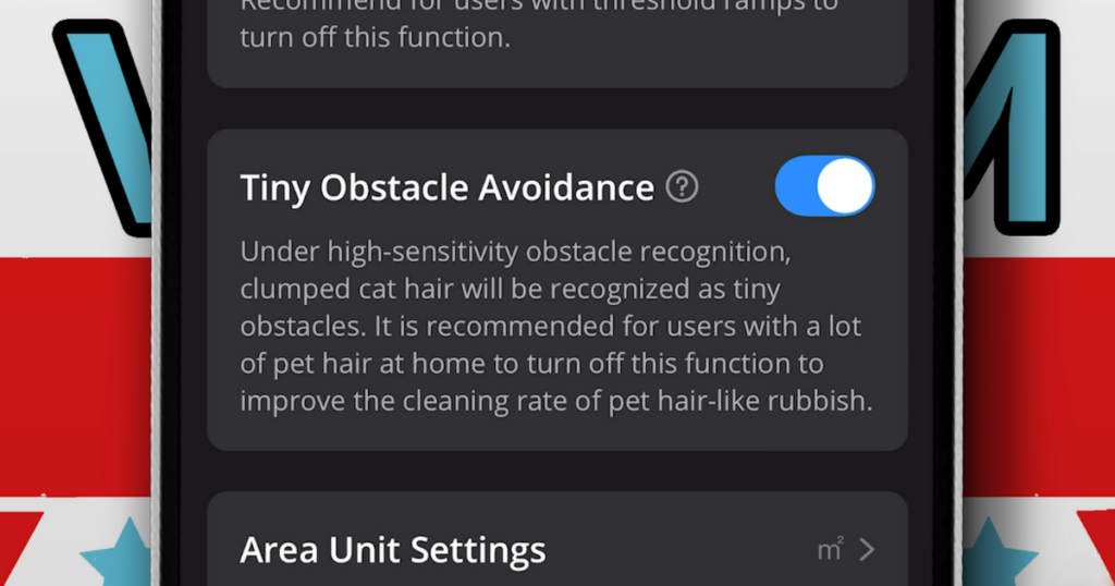 Close-up of the Eufy S1 Pro Omni app interface showing the "Tiny Obstacle Avoidance" feature with a toggle switch and a description about recognizing clumped cat hair as tiny obstacles.