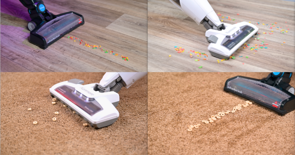 The Bissell featherweight and Kenmore DS1030 cordless stick vacuums picking up debris on hard floor and carpet.