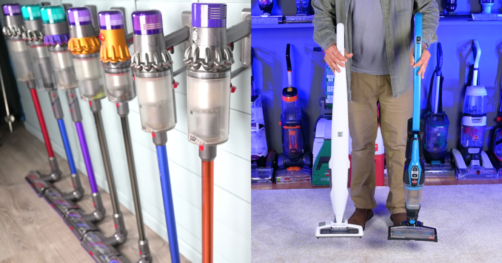 Dyson vacuums lined up side by side contrasted to two stick vacuums to show the differences in how weight is distributed.