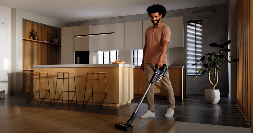 Man using a Miele DuoFlex Cordless Vacuum at Home