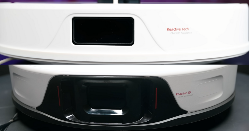 Close-up comparison of the obstacle avoidance systems on the Roborock Q8 Max+ (top) and Roborock S8+ (bottom). 