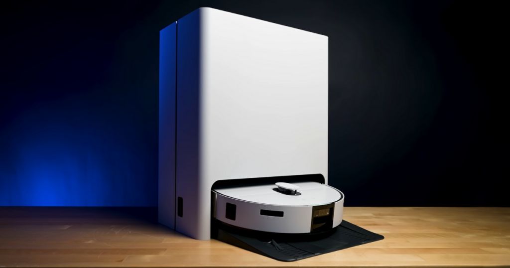 A Samsung Bespoke Jet Bot Combo AI robot vacuum stationed at its all-in-one cleaning dock on a wooden surface with a dark blue gradient background.