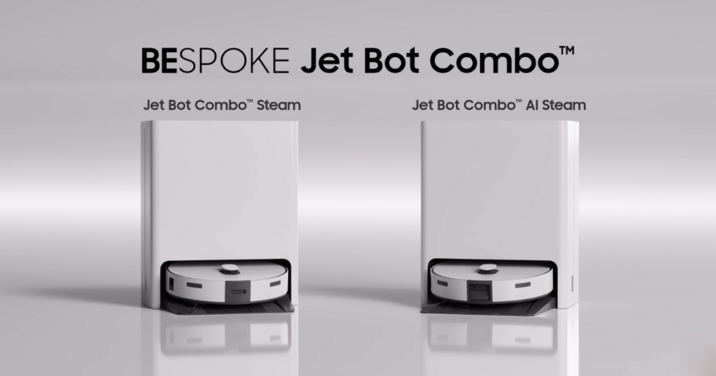 Two Samsung Bespoke Jet Bot Combo models, "Jet Bot Combo Steam" on the left and "Jet Bot Combo AI Steam" on the right, are shown side by side in their docking stations against a light grey background.