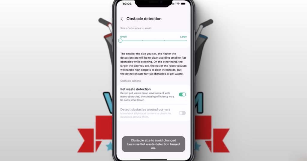 A smartphone screen displaying the obstacle detection settings for the Samsung Bespoke Jet Bot Combo AI, with options to adjust obstacle size and enable pet waste detection.