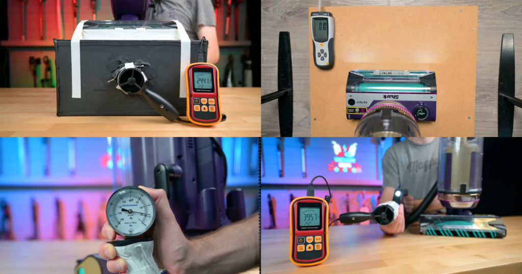 A collage of four images showing various performance tests of the Shark PowerDetect vacuum. Tests include airflow measurement, suction power evaluation, and other power metrics, with digital meters and gauges displaying the results.