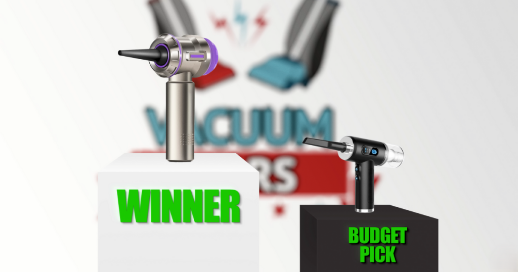 The PeroBuno mini vacuum is displayed on a podium labeled "WINNER," while the Untovei mini vacuum is placed on a podium labeled "BUDGET PICK," with the "Vacuum Wars" logo blurred in the background.