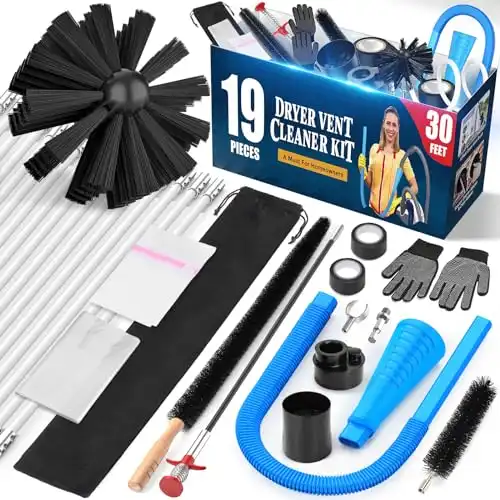 Sealegend 19-Piece Dryer Vent Cleaner Kit - Includes 30-Ft Dryer Vent Brush, Blue Dryer Vacuum Attachment, Lint Brush, & Dryer Adapter