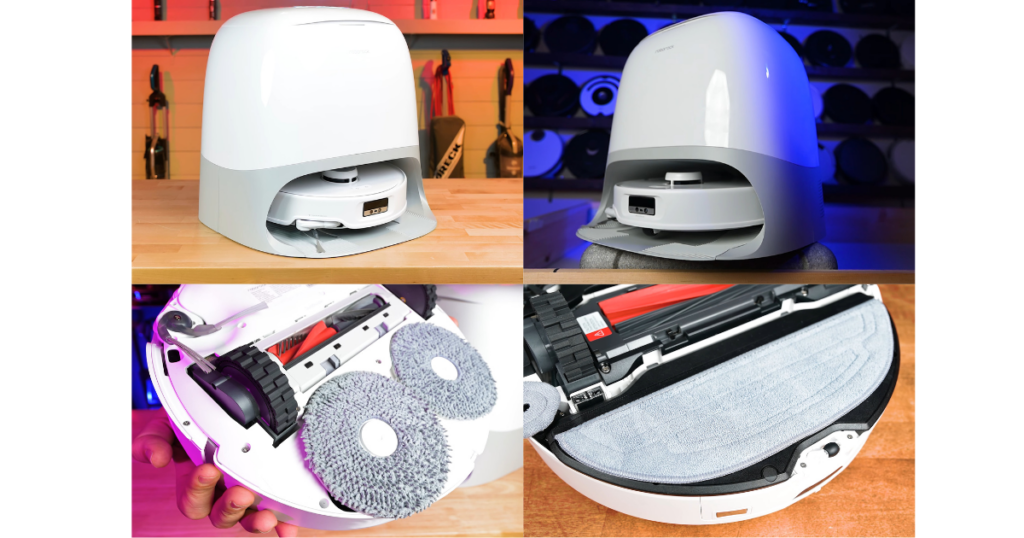 Roborock Qrevo Curv's unique dock design; Roborock's Revo mop system compared to their fixed, vibrating mop system. ©Vacuum Wars