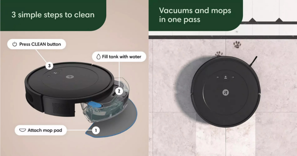 iRobot Combo 2 Essential Robot Vacuum and Mop's option to vacuum only or vacuum and mop in one pass